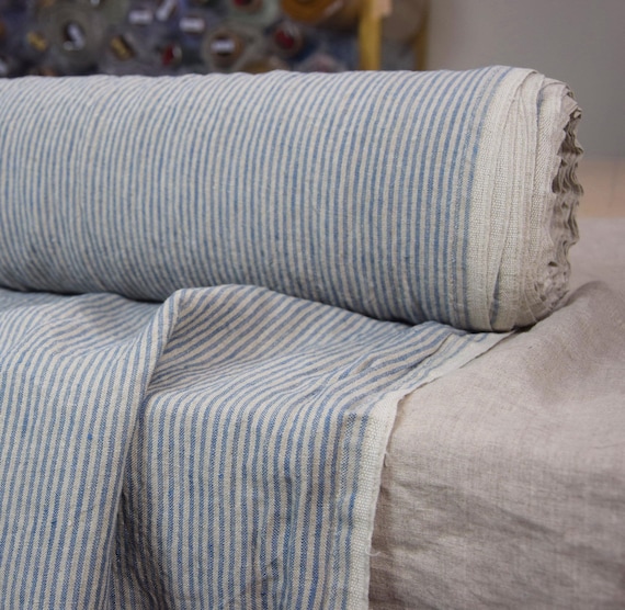 Linen Fabric - "Elba Citadel Candy Stripes", Undyed Flax/Blue, 200gsm, 100% Pure, Striped Linen Fabric, 2.5mm stripes, IN STOCK!