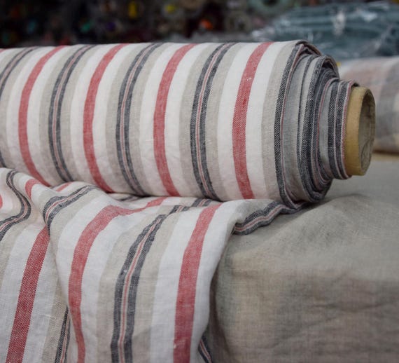 Premium Linen Fabric "Elba" Black/Red/White/Beige Striped, Softened, Washed, Naturally Wrinkled, Dense, Tightly Woven, 200gsm/6oz, IN STOCK!