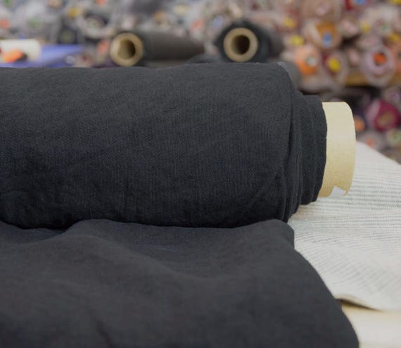 Pure 100% linen fabric Margarita Almost Black 200gr/m2 (6oz/yd2). Very dark gray charcoal off-black. Aesthetic, strong, durable. IN STOCK.