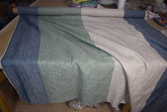 Pure Linen FABRIC - "Margarita Blue Green Beige Melange", Wide 50cm Stripe, Soft Washed, Medium Weight 200gsm, Luxurious Texture, IN STOCK!