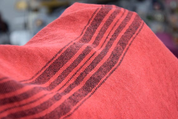 Heavyweight Linen Fabric "Pera Cherry Tomato Red", Gray Stripe, 350gsm 100% linen, French grain sack pattern, for Upholstery, MADE TO ORDER.