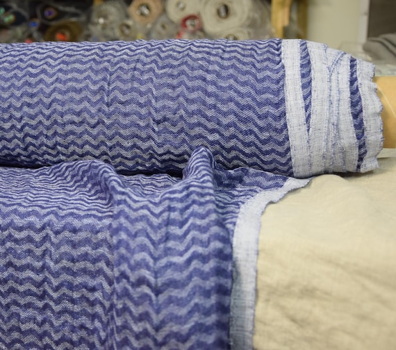 Linen Fabric "Delta Deep Indigo Chevron", 100% Pure, Softened & Washed, 140gsm (4.2oz), Pre-Shrunk, Wrinkled, Beautiful Texture, IN STOCK!