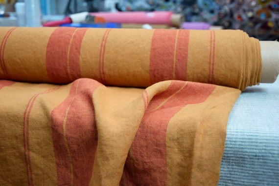 Temporarily OUT OF STOCK.  Pure 100% linen fabric Elba Ochre with Orange Stripe 200gsm (5.90oz/yd2).