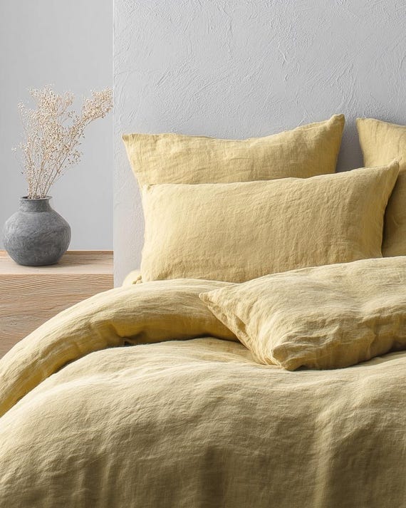 100% Linen Pillowcases, Set of 2, Stone Washed Yellow Linen Pillow Covers, Handmade Bedding, Standard Queen King, Sizes, SUNNY collection.