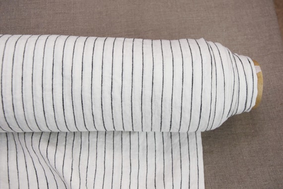 Linen fabric "Gloria Pinstripes Black on White" 200gsm (6oz/yd2). Stripes at each 12mm. Washed, pre-shunk. Pure 100% linen. IN STOCK!