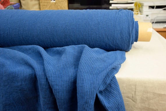 Linen Fabric "Elba Deep Blue Striped", 200gsm/6oz, 100% Pure, Vibrant Saturated Pantone Bright Cobalt, Naturally Stylish Creased, IN STOCK!