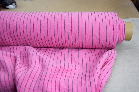 Pure linen fabric "Gloria Precious Pink & Black Pinstripe" 200gsm (6oz/yd2). Bright vibrant luxurious. Preshrunk linen for sewing. IN STOCK!