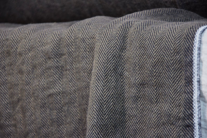 mix of dark brown and black Pure 100/% linen fabric Sigma Black Soil Herringbone 220gsm Broken twill Washed-softened. WHOLESALE