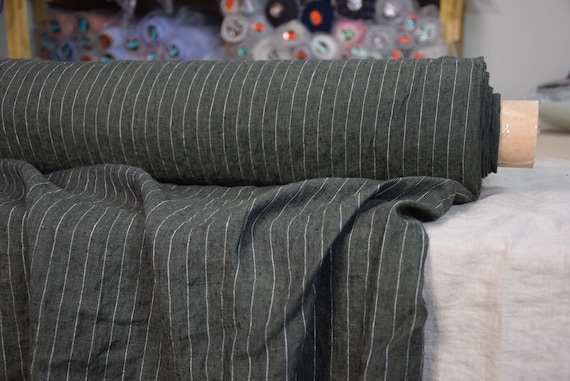 Premium 100% Linen Fabric "Terra Army Green Linen Melange with Pinstripes" 210gsm (6.2oz), Stonewashed, Preshrunk, By The Yard,  IN STOCK!
