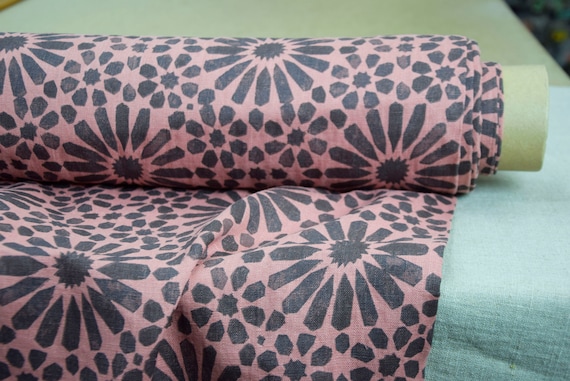 IN STOCK. Pure 100% linen fabric Gloria Brown Flowers on Tea Rose Background 200gsm (6oz/yd2). Brown pattern on pink. Washed-softened.