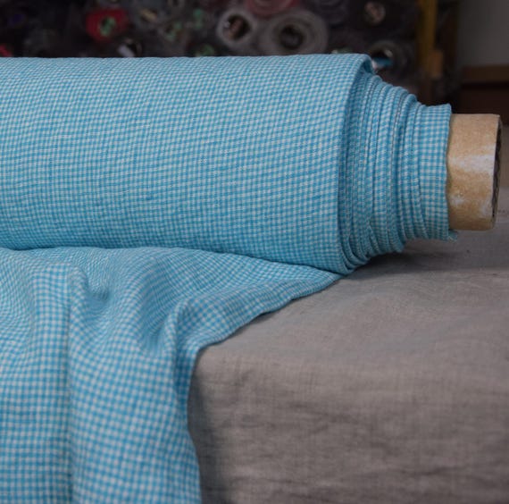 Linen Fabric - "Terra Cyan Gingham", Blue Aquamarine Check, 210gsm (6.2oz), 100% Pure Linen Premium Quality, Beautiful, Ready to Ship!