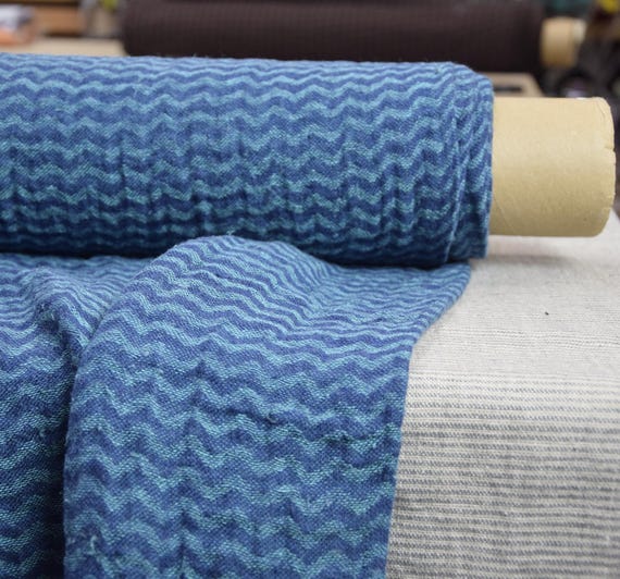 Linen Fabric - "Delta Indigo & Emerald Chevron", Dark Blue/Light Green, 140gsm, Beautiful Colors, High Quality, Unique Pattern, IN STOCK!