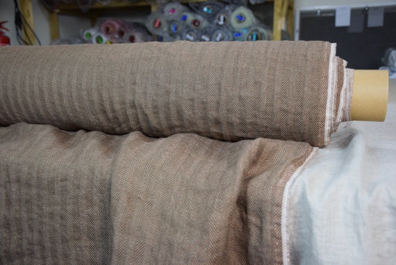 Temporarily OUT OF STOCK. Pure 100% linen fabric Sigma Rosy Nut Brown Herringbone 220gsm. Broken twill. Washed-softened.