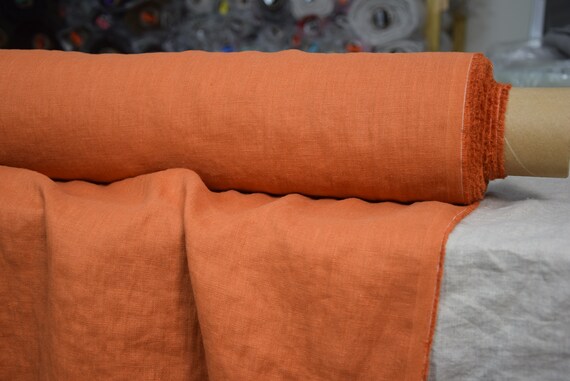 Linen Fabric "Gloria Racing Orange", Pure 100% Linen, 200gsm-6oz/yd2. Terracota Tawny Tangerine Color. Washed, Soft, Preshrunk. IN STOCK!