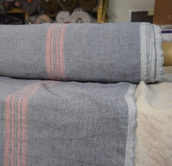 Linen Fabric - "Pera Gray-Blue Melange" with Red Stripe, 350gsm, Heavy Creased Texture, French Grain Sack, Pre-Shrunk, IN STOCK!