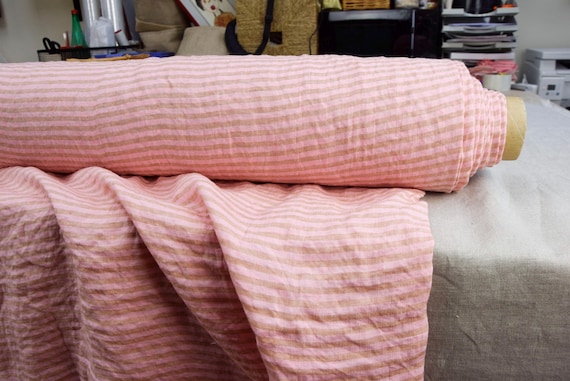 100% Linen Fabric "Aurora Pink & Brownish Stripe", 160gsm (5oz/yd2), Stonewashed, Pre-Shrunk. Naturally Creased. Premium Quality. IN STOCK!