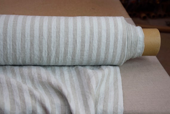 Linen Fabric "Gloria Blue Blush Bengal Stripe" 200gsm (6oz/yd2). Light Pale Blue & Beige 1cm Bengal stripe. 100% Pure Linen. IN STOCK.