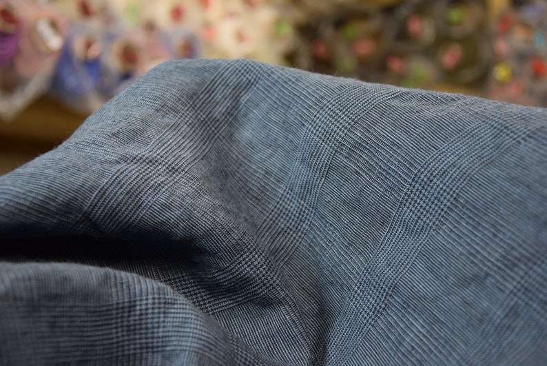GLEN CHECK LINEN Fabric - Provincial Blue & Black, 100% Pure (bona ...