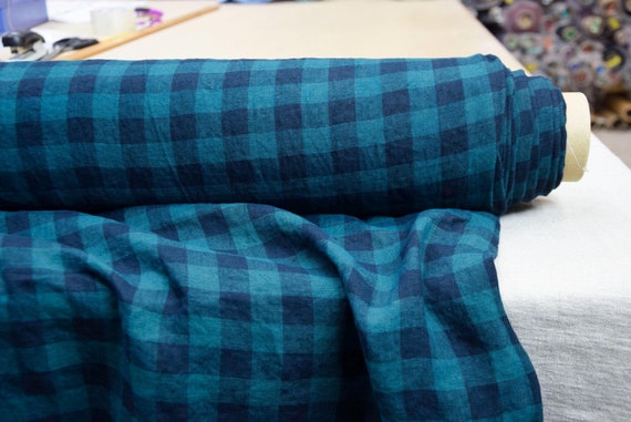 100% linen fabric "Stella Blue/Teal Gingham" 190gr/m2 (5.8oz/yd2). IN STOCK.