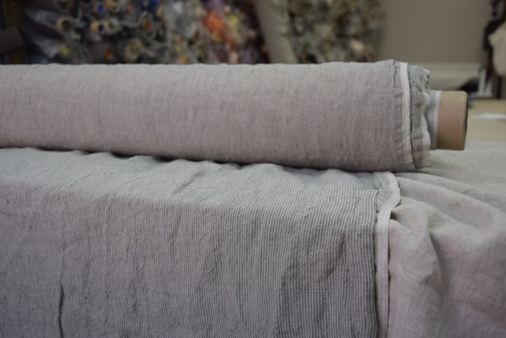 IN STOCK. 100% linen fabric Elba Green-Gray Pencil Stripes 200gsm. Undyed flax and ash green colors, very narrow stripe. Washed-softened.