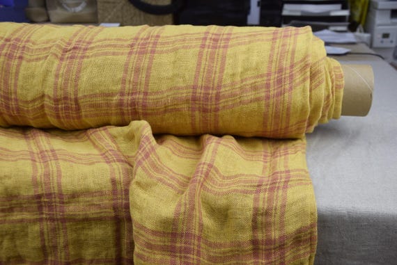 100% Linen Fabric Vita. Soft 230GSM (approx 7 oz) Premium Quality, Double-Sided with Different Textures, Yellow Red Check Tartan By the Yard