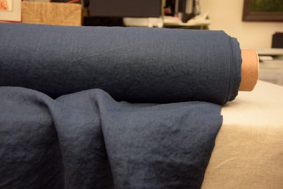 Linen Fabric "Aura Space Blue", Thin & Lightweight 125gsm (3.7oz/yd2) Pure 100% Linen, Subtle Creased. Dark Navy Linen Material. IN STOCK.