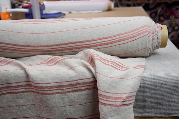 Fabric "Stella Natural with Red Lurex", Striped, 10cm Spacing, Softened, 180gsm (5.4oz), Premium 100% Linen Fabric. Preshrunk, IN STOCK!
