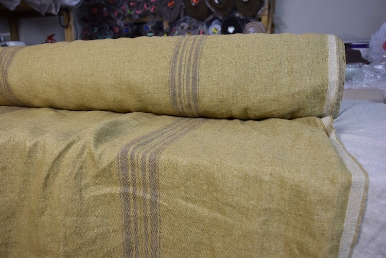 Eco-friendly heavy thick material. WashedPre-shrunk 100/% linen fabric Pera Brown Stripe 350gsm French grain sack pattern