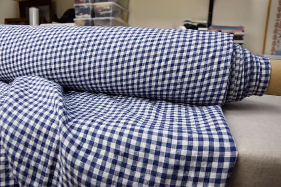 Fabric "Aurora Blue Gingham", Premium Quality, Lightweight 160gsm/5oz, 6mm Navy Checks, 100% Pure Linen, Soft, Natural, Wrinkled, IN STOCK!