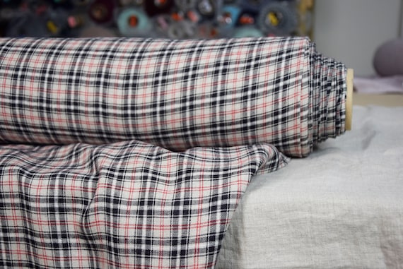 Linen Fabric "Elba Black Red Tartan" 200gsm (6oz/yd2). Medium Weight, Densely Plainly Wowen, Washed, Soft. IN STOCK.