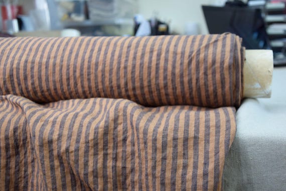Linen Fabric "Aurora Blue & Brownish Stripe", Premium 100% Pure Linen Lightweight 160gsm/5oz Pre-Shrunk, Creased, Natural, Soft, IN STOCK!