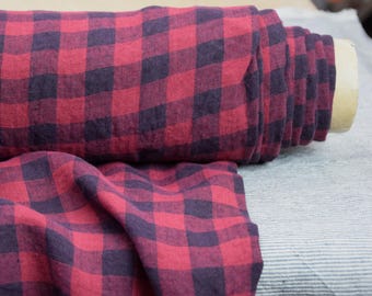 100% Pure Linen Fabric - Stella Collection - Red Dahlia Gingham, 2cm Vichy Check, By the Yard or Meter, 190gsm (6oz), Washed, Pre-Shrunk