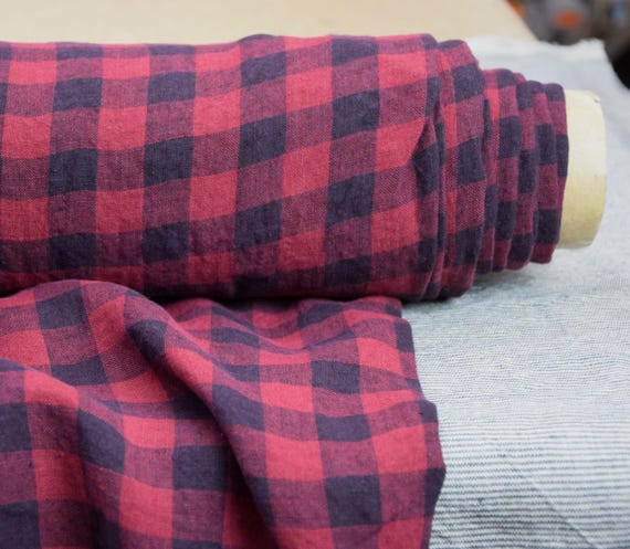 Linen fabric "Stella Red Dahlia Gingham" 190gr/m2 (5.7oz/yd2). 2cm check dark blue/red. Linen vichy Organic. Pure 100% linen IN STOCK.