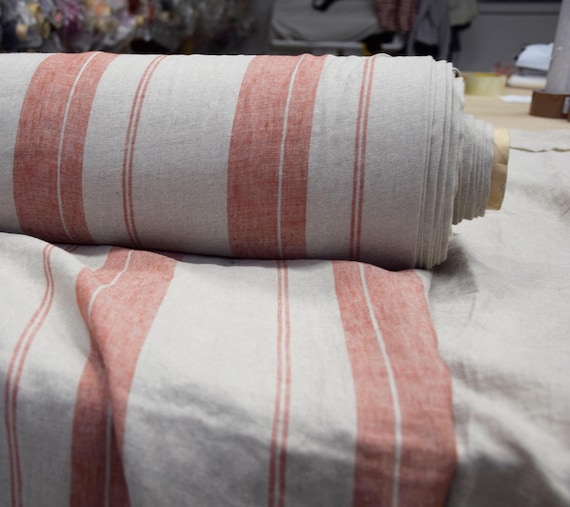 Linen Fabric - "Elba Natural" with Muted Red Stripes, Premium 100% pure,  Undyed Flax, 200gsm (5.9oz), Softened & Washed! IN STOCK!