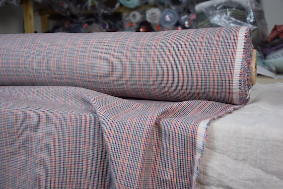 Linen/cotton fabric "Mabela Multicolor Tweed" 270gsm (7.96oz/yd2). Small houndstooth striped green blue orange burgundy. Softened. IN STOCK.
