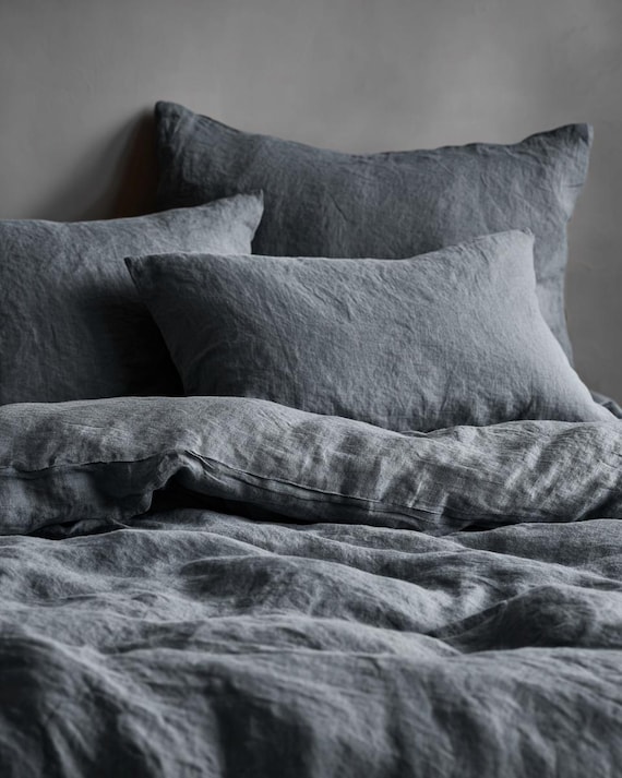 100% Linen Pillowcases, Set of 2, Stone Washed Dark Blue-Gray Linen Pillow Covers, Handmade, Standard Queen King Sizes, NOCTURNE collection.