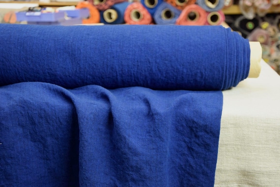 Pure 100% linen fabric "Margarita Deep Sapphire Melange with Stripe" 200gsm(5.90oz/yd2). Sapphire Blue. IN STOCK.