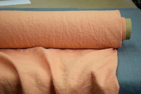Pure 100% Linen Fabric "Aura Peach Fuzz". Lightweight 125gsm/3.7oz. Pantone 13-1023 Color of the Year 2024. Between Pink & Orange. IN STOCK.