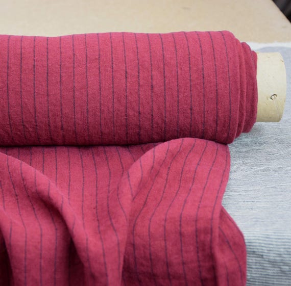 Linen Fabric - "Gloria Red Dahlia Pinstripe", 200gsm (6oz), Premium, 100% Pure, Vivid Powerful Dark Red Shade, Pantone 19-1555, IN STOCK!