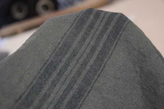 100% Linen Fabric "Pera Dark Military Green & Black Stripe" 350gsm. French grain sack pattern. Eco-friendly heavyweight material. IN STOCK.
