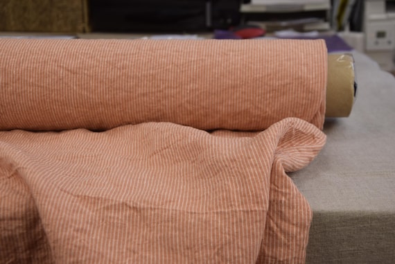 Pure 100% linen fabric Orange Pencil Stripe 210gsm=6.1oz/yd2. Soft, Crinkled, Premium Quality, for sewing clothes, home decor, by the yard.