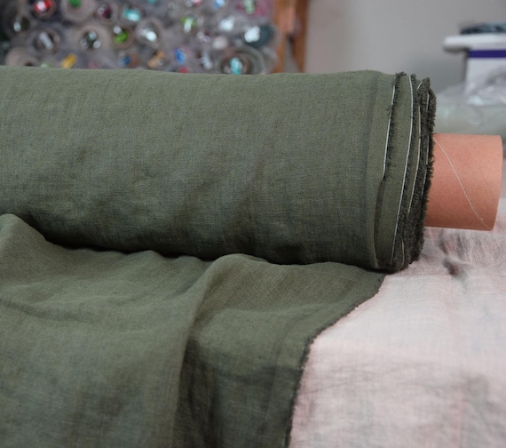 Linen fabric "Gloria Army Uniform Green" 200gsm (6oz/yd2). Bold saturated military army camouflage khaki-green. Washed-softened. IN STOCK.