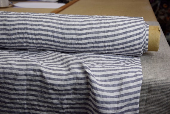 Temporarily OUT OF STOCK. Pure 100% linen fabric Aurora Navy Horizontal Stripe 160gsm(4.80oz/yd2). 8mm striped. Washed-softened.