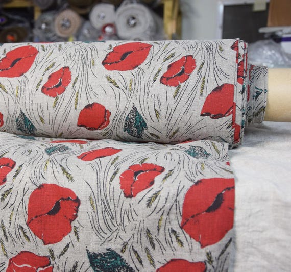 Beautiful Floral Linen Fabric - "Gloria Red Poppies" on Natural Flax, Soft & Organic, 200gsm, Pre-shrunk, Ready to Sew! IN STOCK!