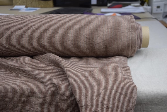 Pure 100% linen fabric Brown Pencil Stripe 210gsm (6.1oz/yd2). Soft, Creased, Premium Quality, for sewing clothes, home decor, by the yard.