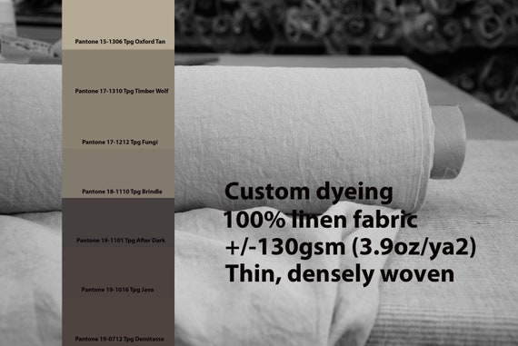 CUSTOM DYEING 100% linen fabric AURA 130gsm (3.80oz/yd2). Thin lightweight dense plain. Pantone Tan, Fungi, brown colors pallette No 21.