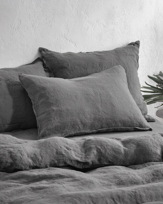 100% Linen Pillowcases, Set of 2, Stone Washed Dark Gray Linen Pillow Covers, Handmade, Standard Queen King, Sizes, IRONWOOD collection.