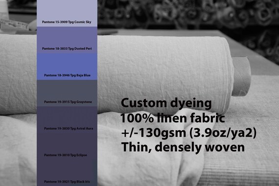 CUSTOM DYEING 100% linen fabric 130gsm (3.80oz/yd2). Aura, thin lightweight densely plainly woven linen fabric. Pantone blue, purple No 7.