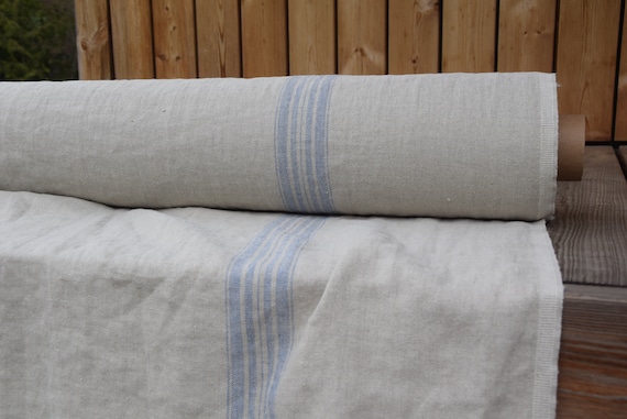 Pure 100% linen fabric Pera Natural Blue Stripe 350gsm. French grain sack pattern. Washed/Pre-shrunk. IN STOCK.