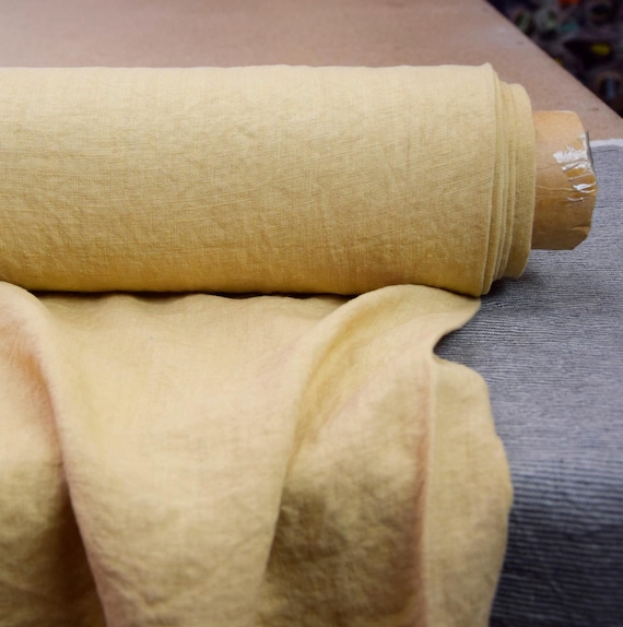 Luxurious 100% Linen Fabric - "Gloria Laguna Yellow", Peachy Muted Yellow, Mellow Yellow, Melon, 200gsm (6oz), Softened, Ready to Ship!